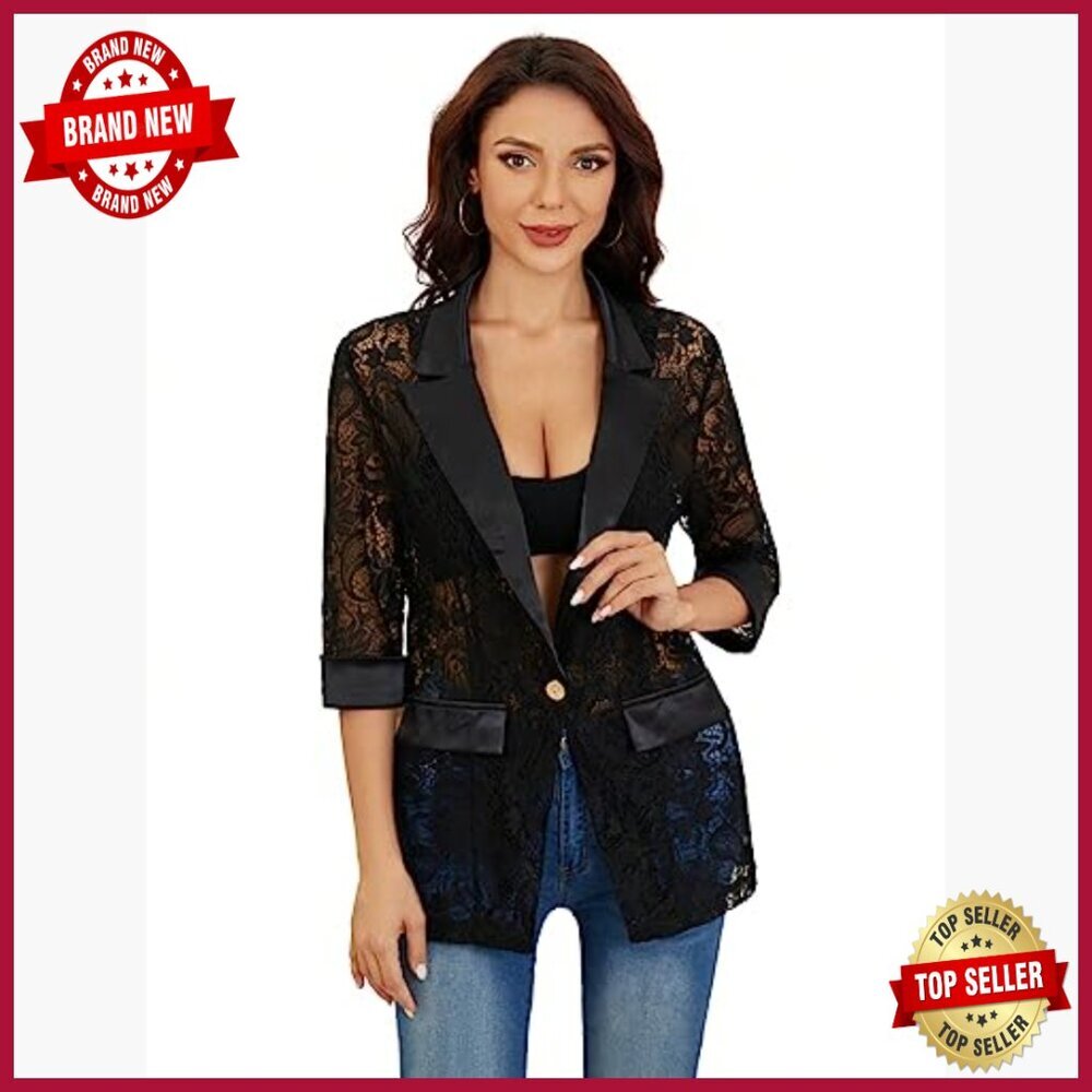 Floral Lace Mesh Blazer Long Sleeve Elegant Jacket Office Chic - Picture 4 of 7